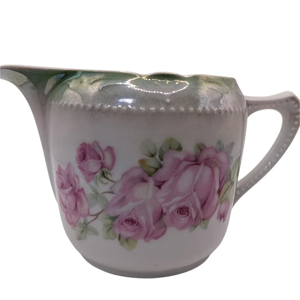 Vintage Creamer Pitcher Pink Flowers Roses‎ Hand Painted Germany Textured Dots